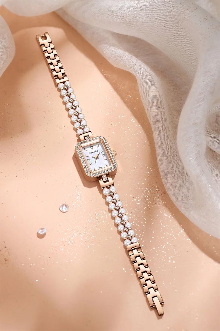 Pearl Bracelet Rhinestones Dial Simple rose gold watch
