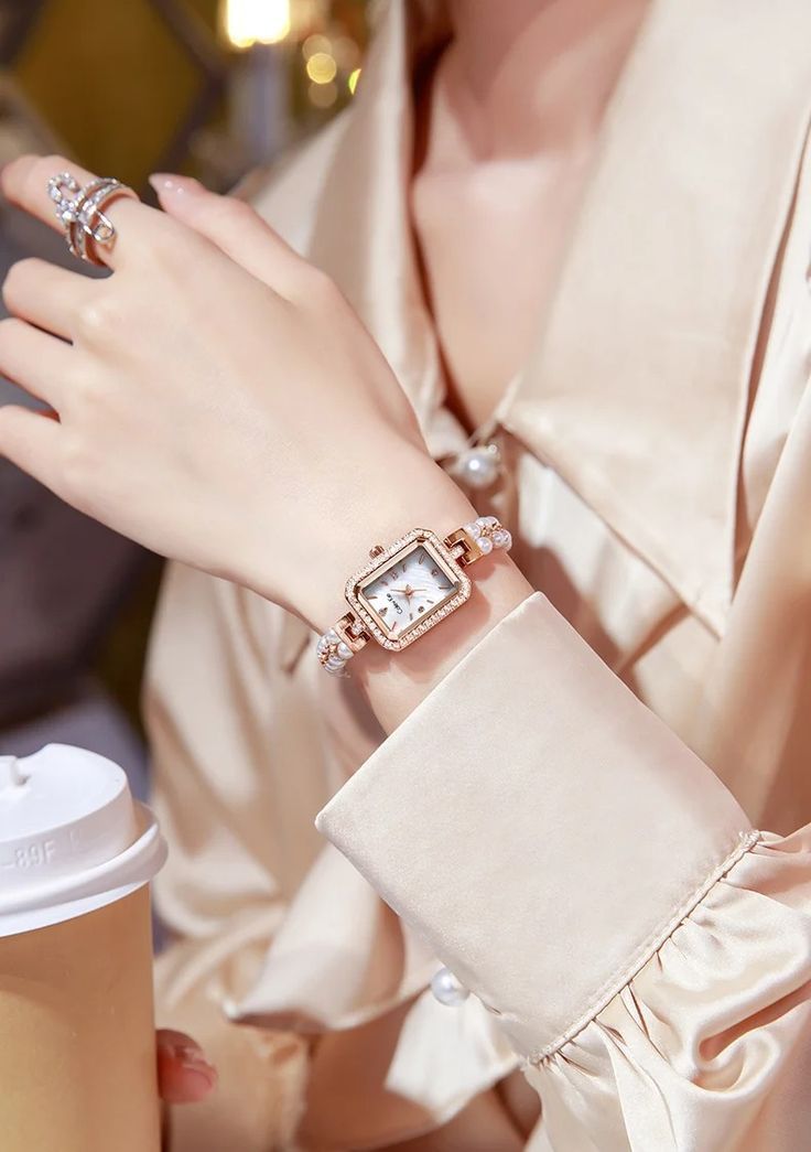 Pearl Bracelet Rhinestones Dial Simple rose gold watch